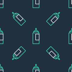Line Sauce bottle icon isolated seamless pattern on black background. Ketchup, mustard and mayonnaise bottles with sauce for fast food. Vector