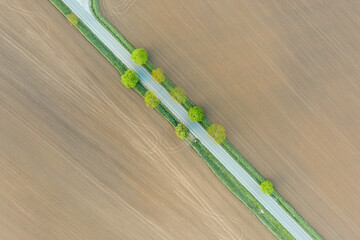 Aerial view of agricultural landscape with fields with a country road next to the fields. Photo...