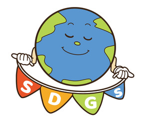 SDGsの旗を持って微笑む地球のイラスト