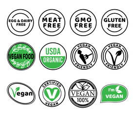 Obraz premium Vegan icon set. Bio, Ecology, Organic logos and icon, label, tag. Green leaf icon on white background.