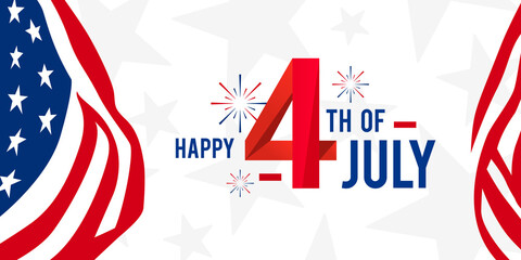 Fototapeta premium Happy 4th of July design with modern design with a firework on American waving flag promotion advertising banner template for Brochures, Poster with balloons. Vector illustration. 