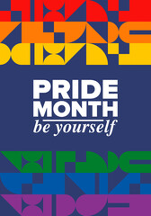 Fototapeta premium LGBTQIA Pride Month in June. Lesbian Gay Bisexual Transgender. Celebrated annual. LGBT flag. Rainbow love concept. Human rights and tolerance. Poster, card, banner and background. Vector illustration