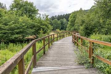 Fototapeta na wymiar Wooden bridge over a field with meadow and wooded hills