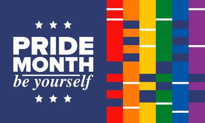 Fototapeta premium LGBTQIA Pride Month in June. Lesbian Gay Bisexual Transgender. Celebrated annual. LGBT flag. Rainbow love concept. Human rights and tolerance. Poster, card, banner and background. Vector illustration