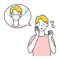 スキンケア マスクの着用が原因で肌荒れになった男性 イラスト シンプル ベクター 