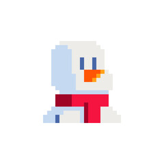 Funny cool snowman character. Avatar, portrait, profile picture. Pixel art. Design of 80s. Flat style. Game assets. 8-bit. Isolated vector illustration.