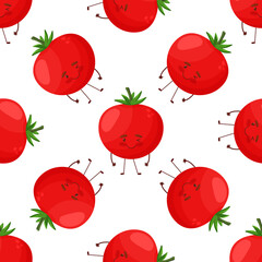Seamless pattern with a red smiling tomato on background. Funny vegetable in cartoon style. Big eyes. The emotion on the face is happiness. Isolated vector. For packaging and web design.
