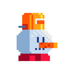 Funny cool snowman character. Avatar, portrait, profile picture. Pixel art. Design of 80s. Flat style. Game assets. 8-bit. Isolated vector illustration.