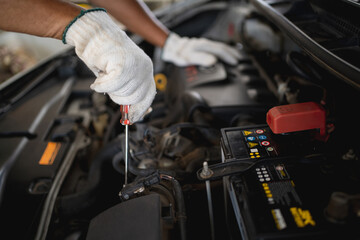 Young car mechanic repairing the car with a screwdriver.