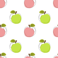 Seamless pattern with apple on white background. Continuous one line drawing apple. Black line art on white  background with colorful spots. Vegan concept