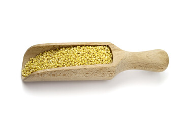 Millet in wooden scoop isolated on white