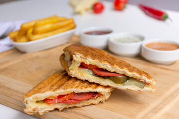 Hot fresh toast witch special Turkish sausages with French fries side dish and special sauces