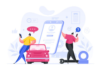 Colorful vector illustration of cartoon men asking and answering questions about car repair service while using modern mobile application on smartphones