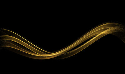 Abstract Gold Waves. Shiny golden moving lines design element with glitter effect on dark background for greeting card and disqount voucher.