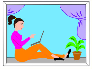 A young woman in a fuchsia sweater and orange pants works or studies at home with a PC sitting on the windowsill. She draws and digitally color paints.