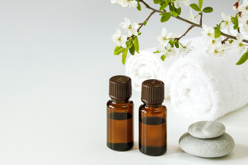 Essential aromatic oil in glass bottles. Natural Spa cosmetics