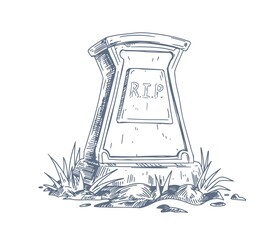 Tombstone with RIP inscription. Rest in Peace on gravestone. Sketch of headstone of tomb drawn in vintage style. Cemetary funeral art. Drawing vector illustration isolated on white background