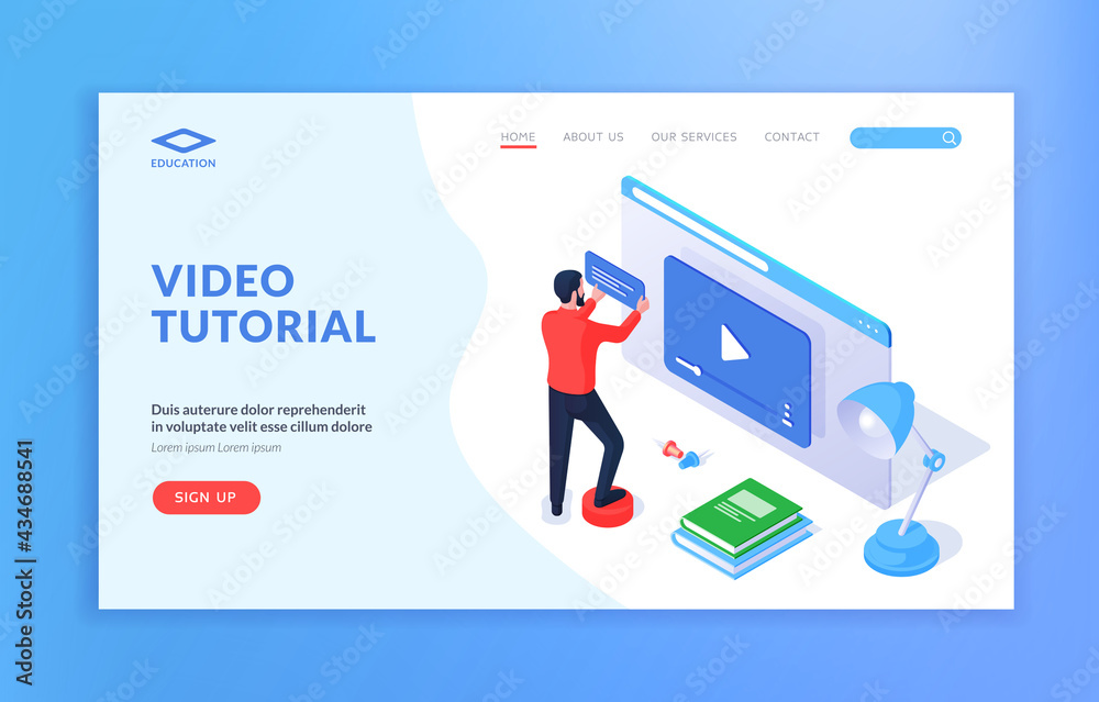 Poster video tutorial website banner template. web page template with male cartoon character learning onlin