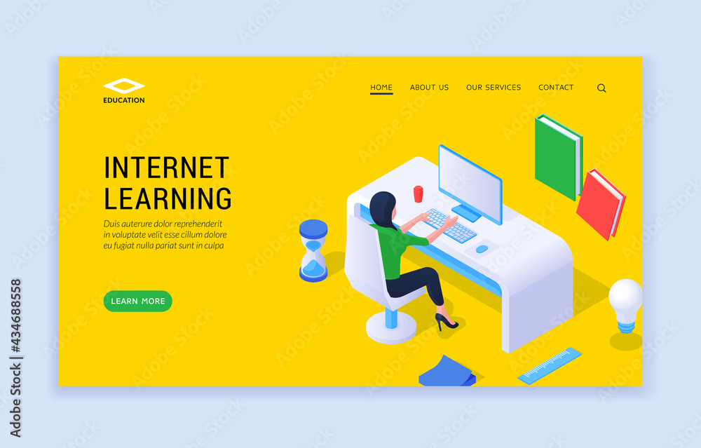 Wall mural internet learning concept. landing page website banner template with woman at desk studying online f