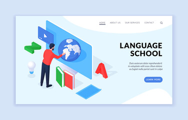 Language school isometric landing page banner template. Male cartoon character using app with planet while learning foreign languages. Online language school concept