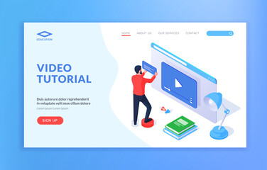 Video tutorial website banner template. Web page template with male cartoon character learning online through convenient service of video tutorial. Isometric vector illustration - obrazy, fototapety, plakaty