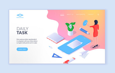 Daily tasks mobile application advertising landing page banner template. Vector isometric illustration with design of website offering information about daily task