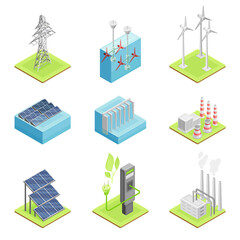 Renewable Green Energy Source with Wind Generator and Solar Panel Isometric Vector Set