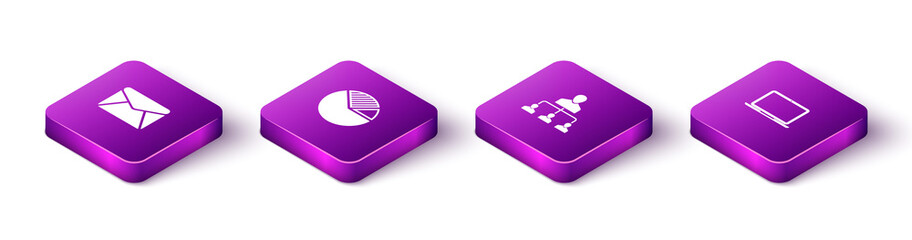 Set Isometric Envelope, Pie chart infographic, Referral marketing and Laptop icon. Vector