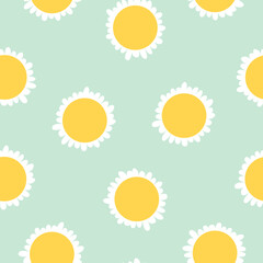 Daisyi vector pattern in flat cartoon style on blue background for summer clothing and design