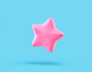 Cartoon glossy pink star isolated on blue background