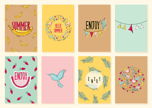 Summer card collection with fruit. Birthday card and trendy posters with lettering in flat doodle style