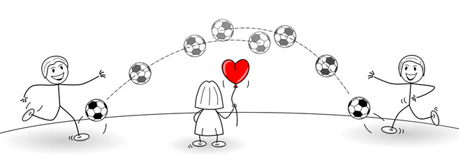 Zwei Personen spielen Fußball. In der Mitte steht ein weiblicher Fan mit einem Lufballon Herz in der Hand. © Michael