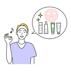 スキンケア お気に入りのコスメのセットをお勧めしている男性 イラスト シンプル ベクター