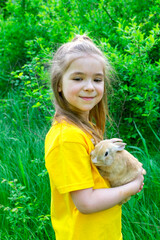 Little cute girl plays with a real ginger rabbit on a background of green plants. Summer outdoor activities for children with pets. Girl playing with a real rabbit