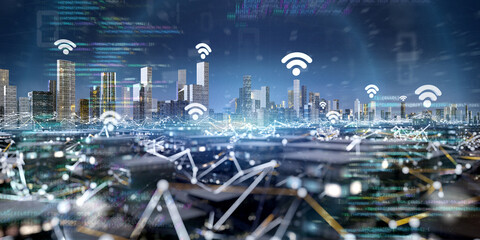 Smart city with wifi network and communication connection - 3d rendering