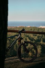 Fototapeta na wymiar Mountain bike stands in front of scenic downhill with pine trees and sea in the distance. Cycling outdoor during summer concept