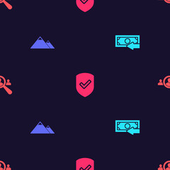 Set Cash back, Mountains, Shield with check mark and Magnifying glass for search people on seamless pattern. Vector
