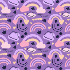Vector illustration. Seamless pattern rainbow, clouds and dinosaur footprints on a purple background. For printing on fabric and paper, for wall decoration. For kids.