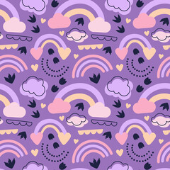 Vector illustration. Seamless pattern rainbow, clouds and dinosaur footprints on a purple background. For printing on fabric and paper, for wall decoration. For kids.