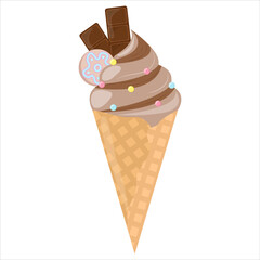 Chocolate ice cream in waffle cone. Vector illustration