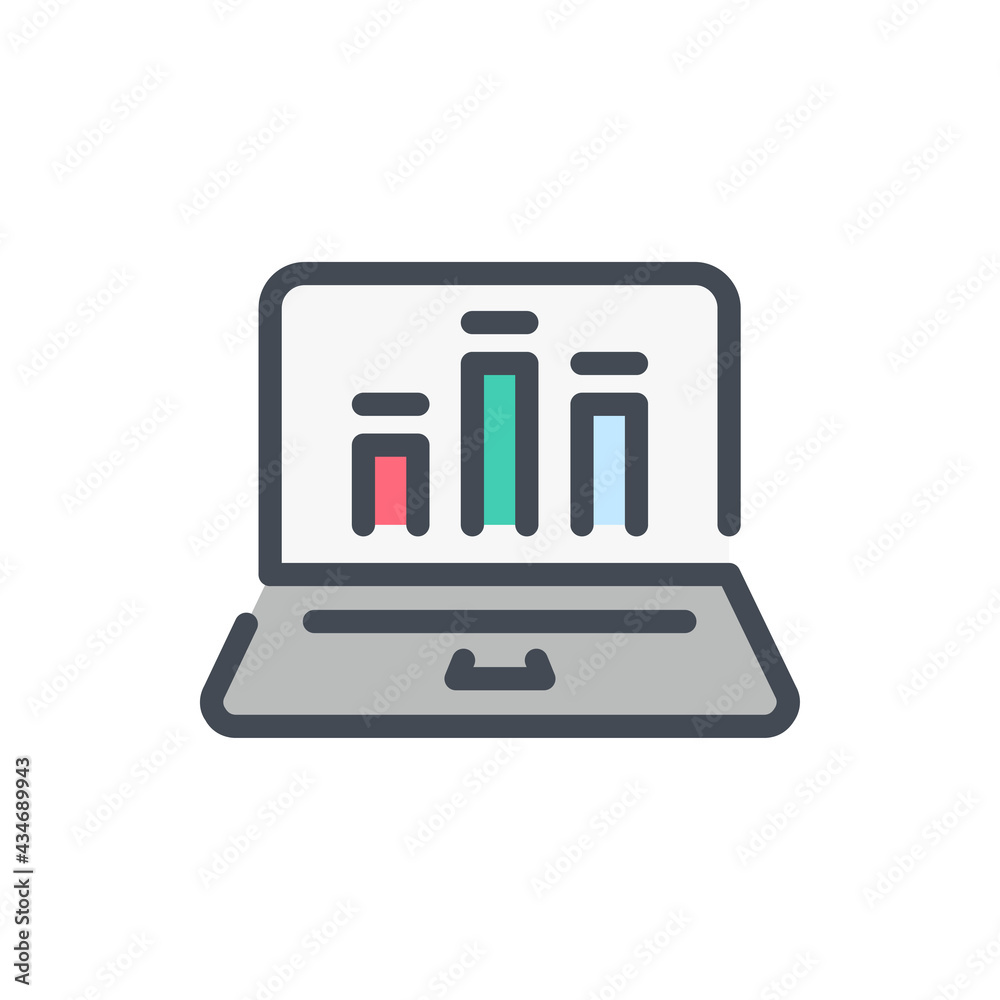 Poster laptop with chart color line icon. computer with online statistics and analytics vector outline colo