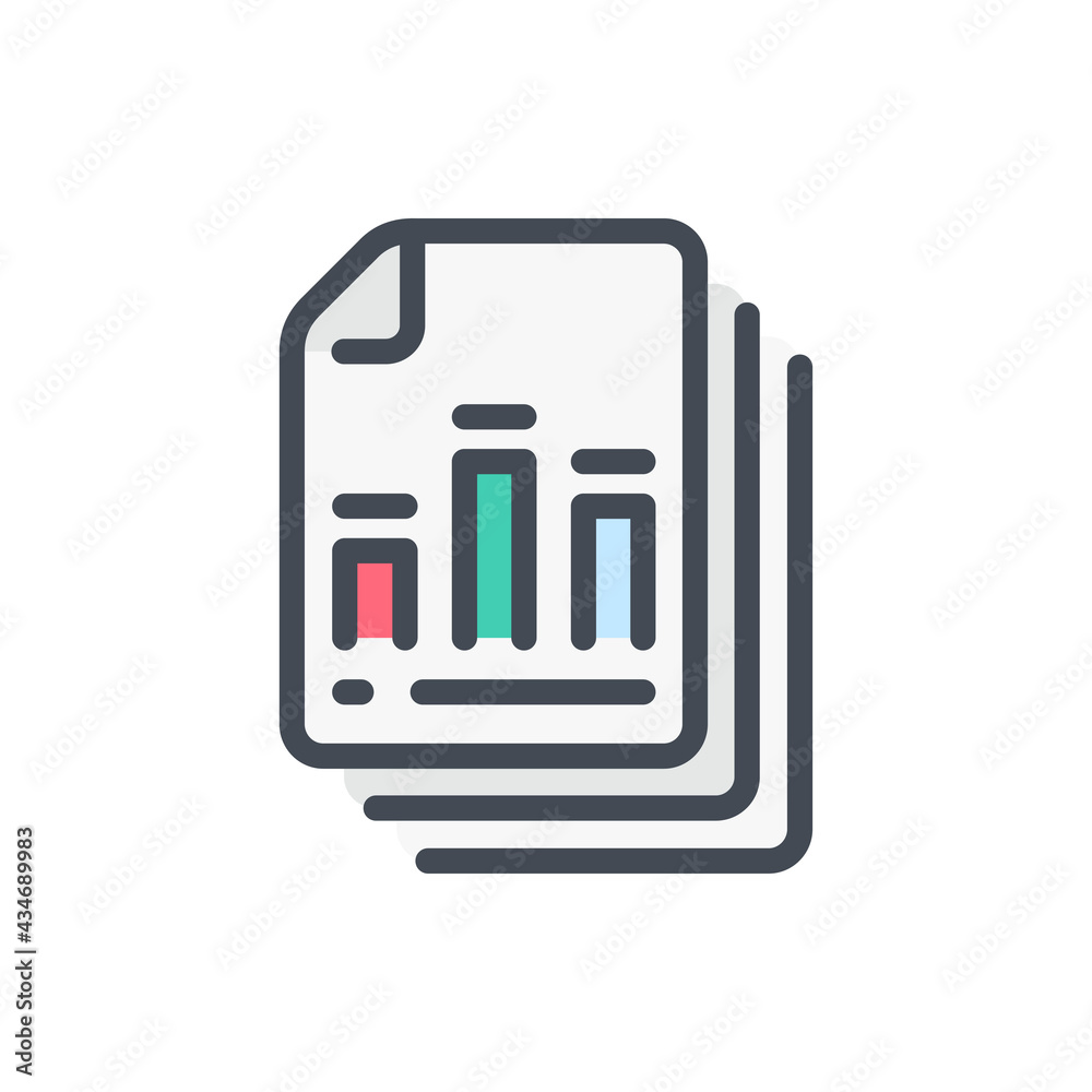 Poster statistical report documents color line icon. stack of paper files with analytics chart vector outli