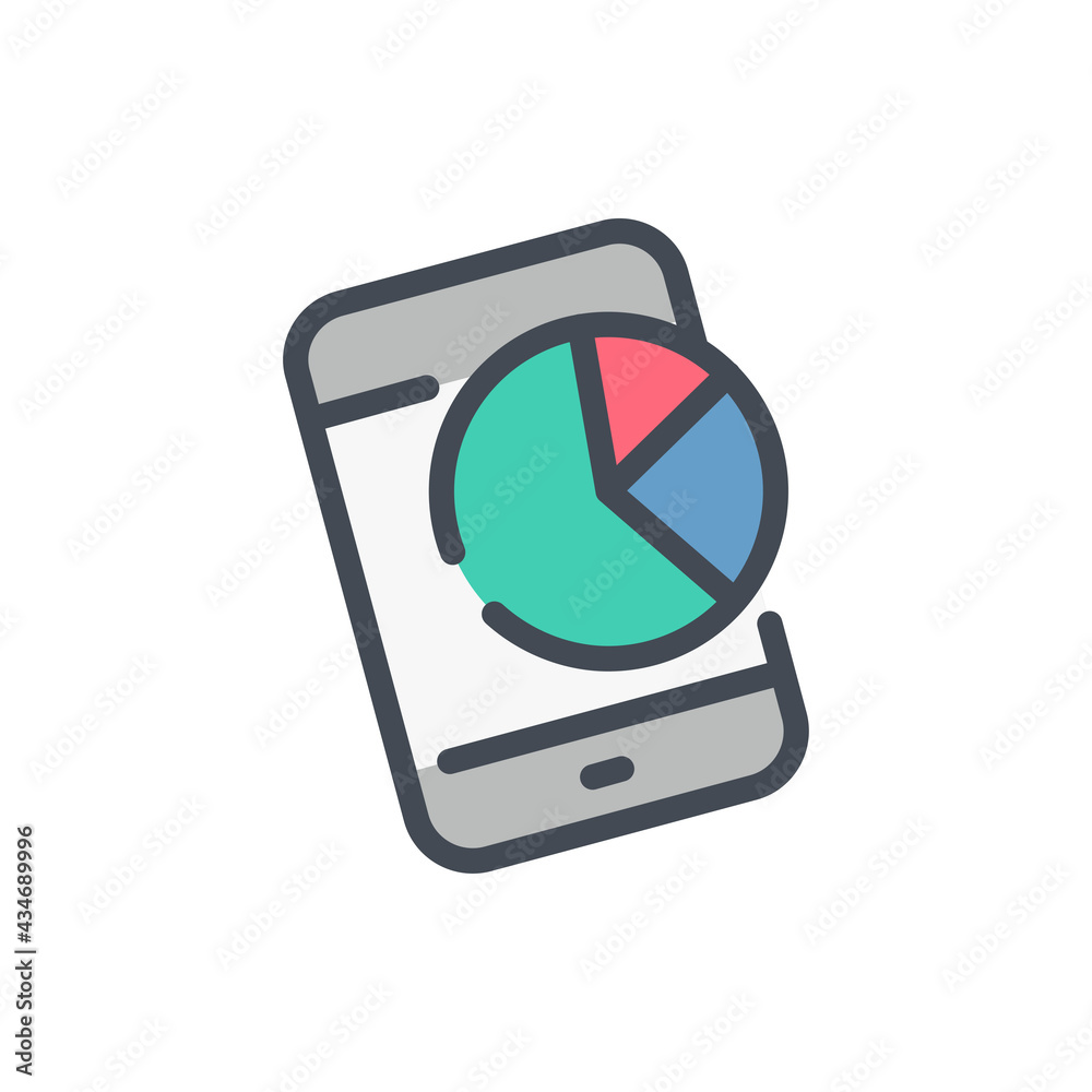 Poster smartphone with pie chart color line icon. mobile report and online statistics chart vector outline 