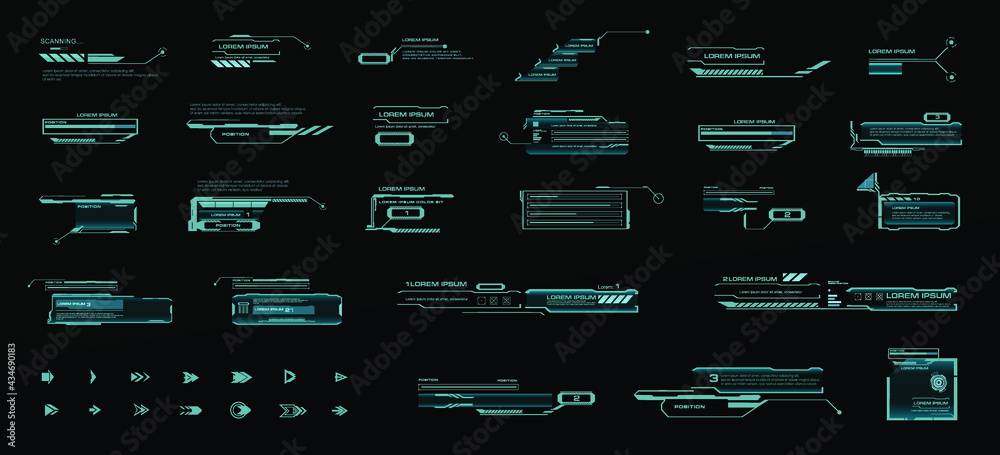 Poster Vector set HUD callouts and pointers. Callout headers, Sci-Fi style frames. Information panels for calls, modern information. Holographic elements HUD, GUI, UI.  Modern digital panels for the interfac