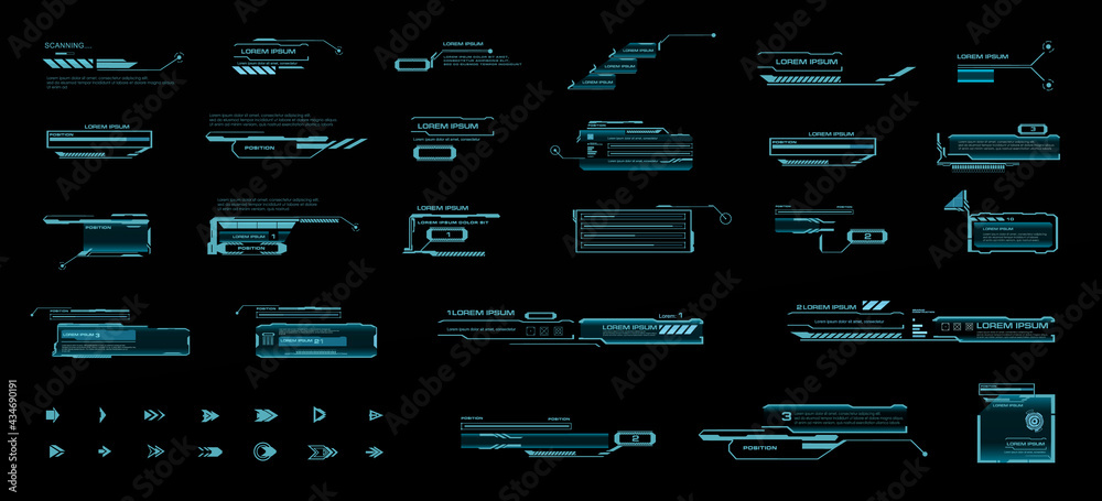 Poster Vector set HUD callouts and pointers. Callout headers, Sci-Fi style frames. Information panels for calls, modern information. Holographic elements HUD, GUI, UI.  Modern digital panels for the interfac