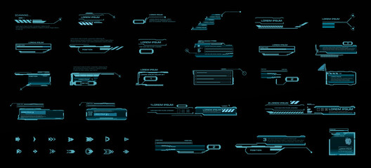 Vector set HUD callouts and pointers. Callout headers, Sci-Fi style frames. Information panels for calls, modern information. Holographic elements HUD, GUI, UI.  Modern digital panels for the interfac