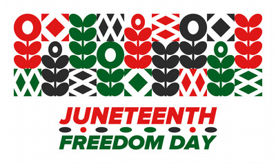 Juneteenth Independence Day. Freedom or Emancipation day. Annual american holiday, celebrated in June 19. African-American history and heritage. Poster, greeting card, banner and background. Vector
