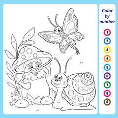 Math education for little children. Coloring book. Mathematical exercises on addition and subtraction. Solve examples and paint the  mushroom with eyes and hands, snail, butterfly.