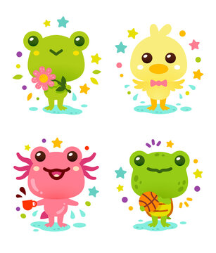 Sweet pond woodland animals. Cute frog, duck, axolotl and turtle characters for children and baby purposes
