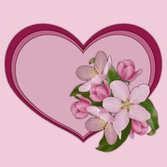 Card with a blank space for text, pink heart with apple blossoms